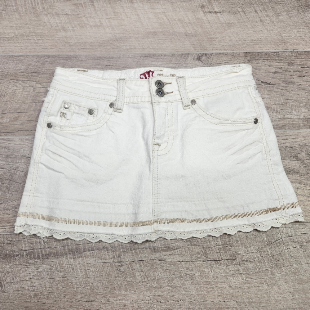 Miss Me Women's Denim MIni Skirt  Flap Pockets Eyelet Trim Off White S